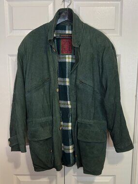 Vintage Roma 2000 Green Suede Leather Utility Coat Plaid Lined Size 48 L